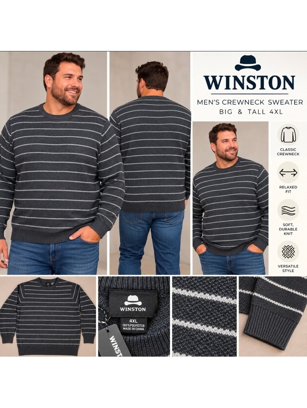 Winston Men’s 4XL Striped Crewneck Sweater NWT Black Gray White Big & Tall